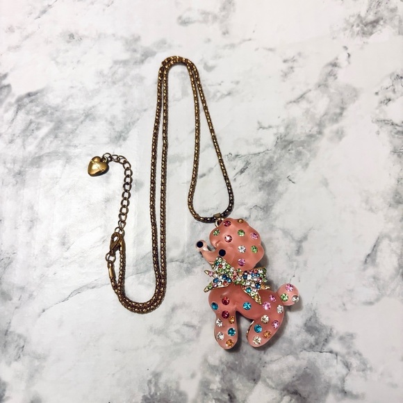 Betsy Johnson Pink and Colorful Rhinestone Poodle Dog Necklace Gold Tone - Picture 2 of 5